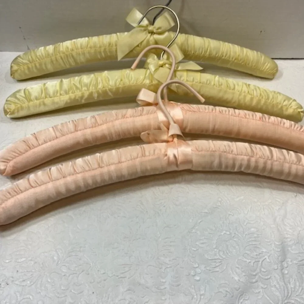Four Classic Padded Pastel Satin Dress Clothes Hangers Yellow Peach 15.5